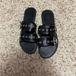NEW! Size 9 Black sandals with silver bat detailing. Brand new without tags/box